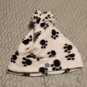 Kids Fleece Beanie Hat with Black Paw Print - White